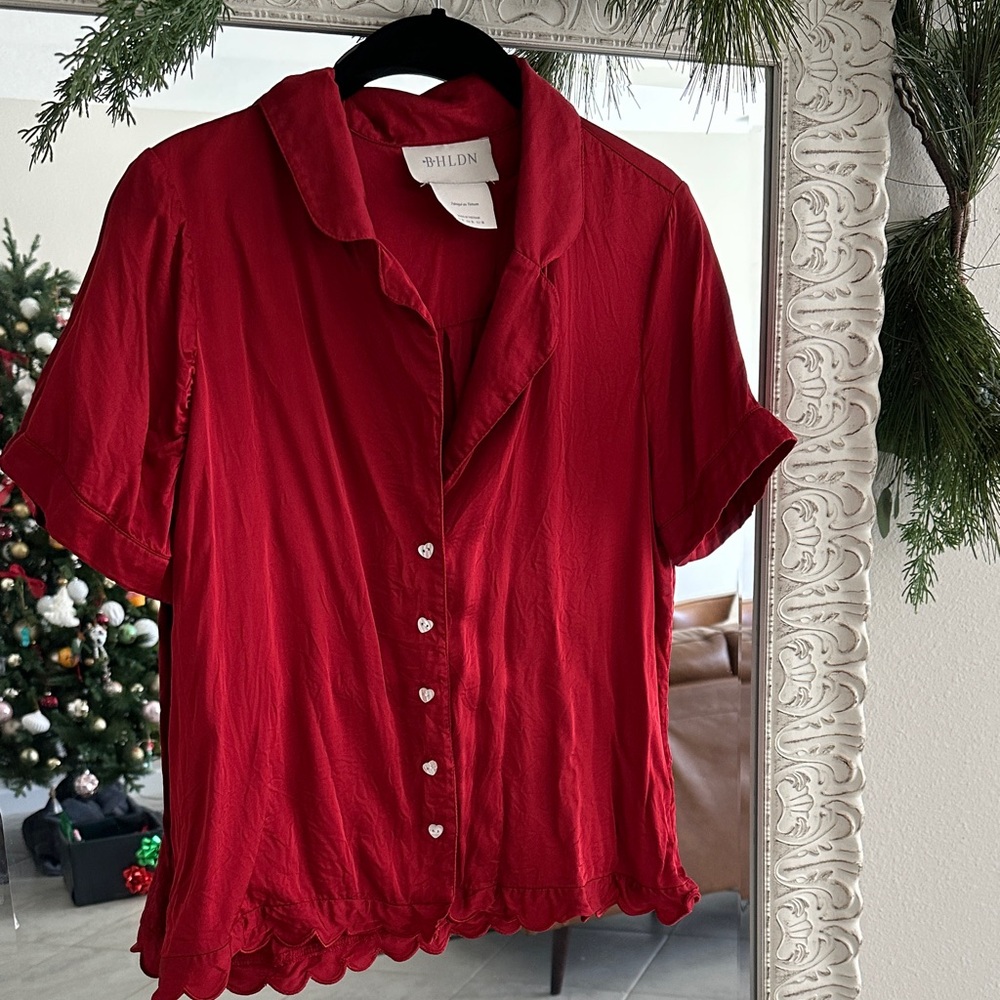 Anthropologie BHLDN Red Button-Down Shirt with Heart Buttons